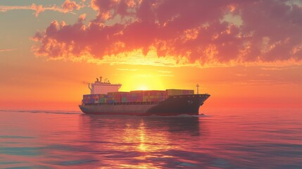 Fototapeta premium Container Ship Sunset Global Trade, Ocean Freight, Cargo Transport