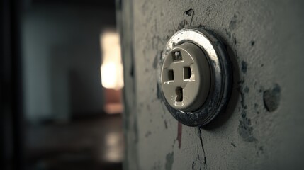 Weathered electrical outlet mounted on crumbling wall surface, signaling industrial abandonment and structural degradation within neglected interior space