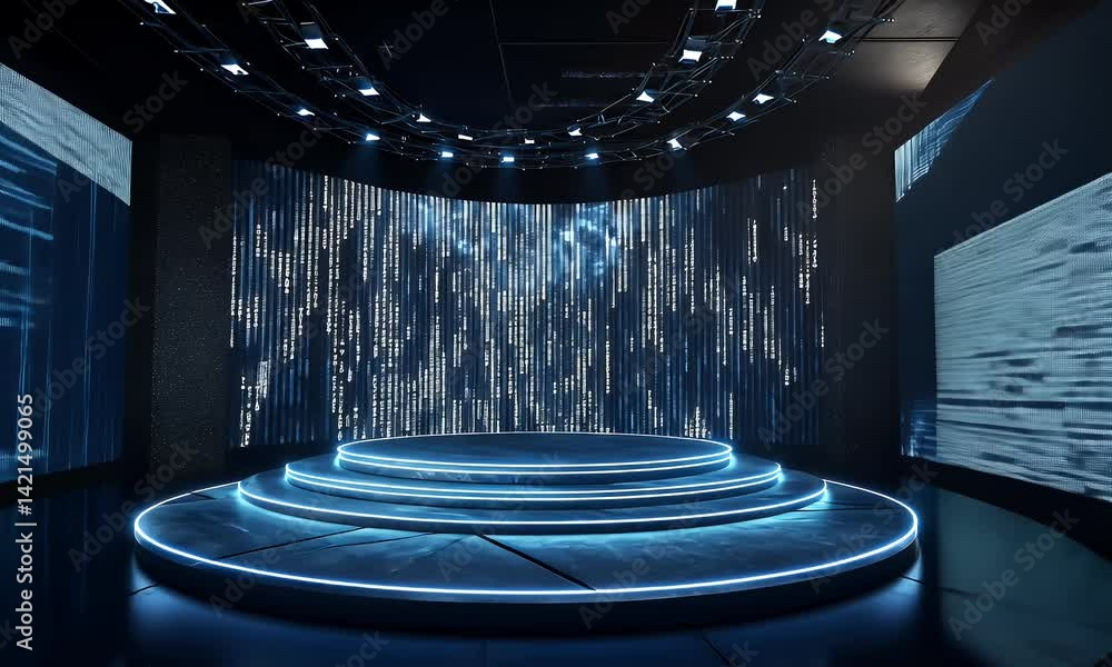 Poster a circular stage with led screens on both sides, displaying abstract images of water and ice in shad