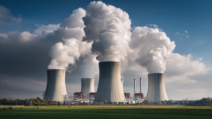 Nuclear power plant cooling towers releasing steam, towering against blue sky and verdant landscape, highlighting industrial energy production