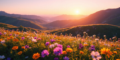 Rolling hills covered in wildflowers at golden hour for spring and inspirational themes. A series of gently rolling hills blanketed
