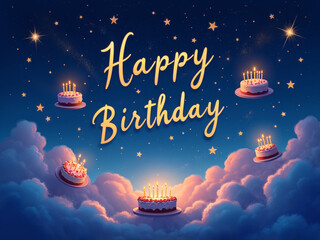 Magical 'Happy Birthday' Greeting with Floating Cakes and Stars in the Night Sky