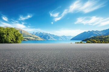 Empty asphalt road leading to a scenic mountain lake vista. Lush green foliage lines the shores of a tranquil lake, nestled amidst towering mountains under a vibrant blue sky