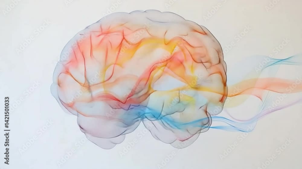 Poster brainwave visualization: a vibrant and abstract depiction of the human brain, rendered with flowing 