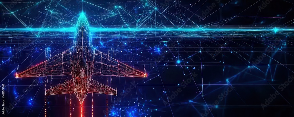 Poster a digital illustration of an aircraft flying through a network of glowing lines and dots, representi