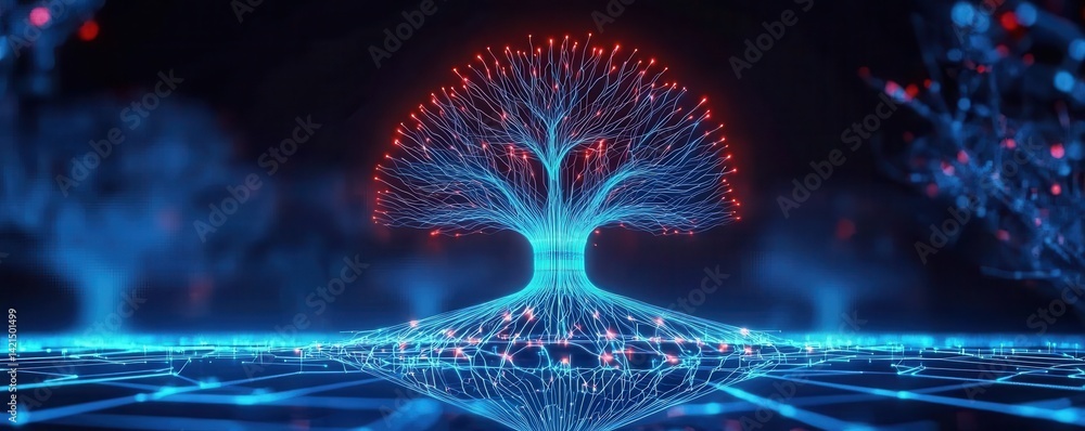 Poster a digital tree with glowing branches and a network-like base, representing the intersection of natur