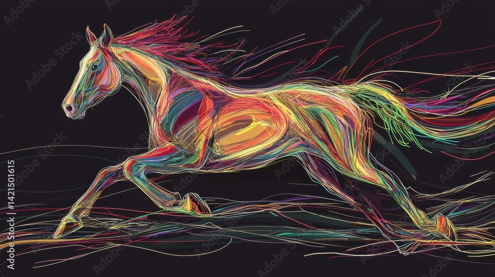 Poster vividly colored horse running energetically across a dark background with flowing lines