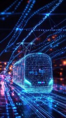 Fototapeta premium A futuristic train depicted with glowing, blue digital lines and nodes, illustrating advanced technology and connectivity in a vibrant city setting.