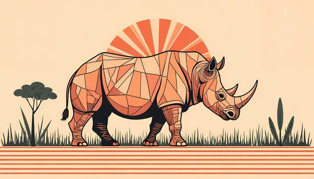 A unique artistic representation of a rhinoceros walking in a savanna landscape under the sun.