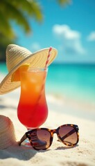 Stylish straw hat, vibrant cocktail, sunglasses on pristine sand , golden, sunglasses, exotic
