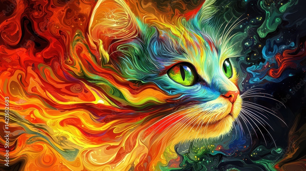 Poster colorful cat with vibrant fur blending into a cosmic background creates a mesmerizing visual experie
