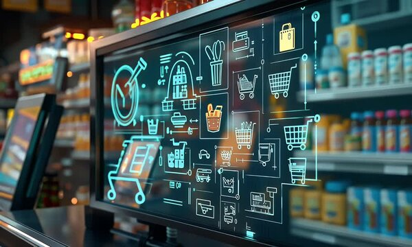 A digital display showing the network of retail stores connected by an AI platform, with icons representing different forms of e-commerce and virtual worlds like online grocery shopping or mobile food