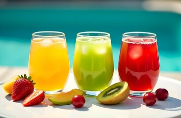 Juicy bright lemonade with ice in three shades: yellow, green, red, against the background of a blue pool. 