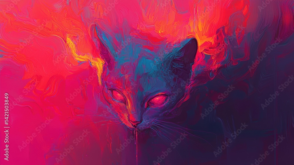 Poster vibrant abstract art of a mystical cat emerging from colorful flames creating an enchanting atmosphe