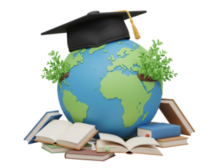 Graduation Cap with Globe and Books Isolated on Transparent Background