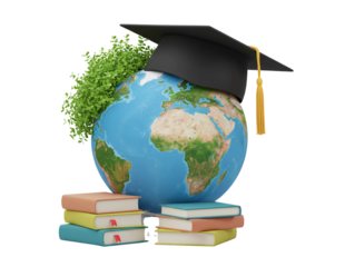 Graduation Cap with Globe and Books Isolated on Transparent Background