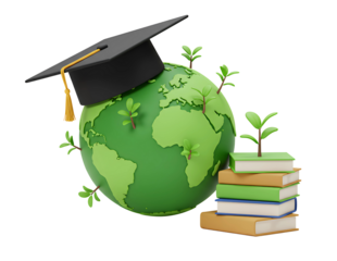 Graduation Cap with Globe and Books Isolated on Transparent Background