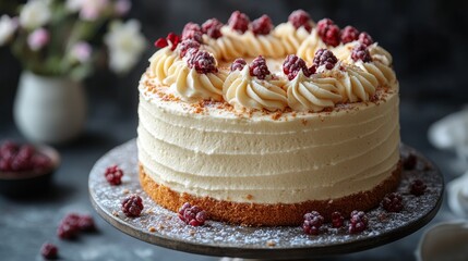 Elegant Raspberry Cake on a Pedestal, Capturing Indulgence and Festive Delights for Celebrations and Sweet Moments