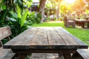 Wooden table in a garden setting