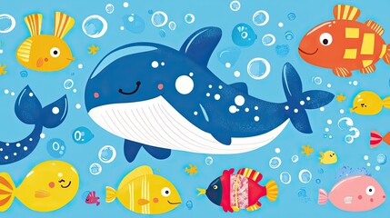 Underwater World: A Delightful Cartoon of Ocean Life with a Whale and Colorful Fishes