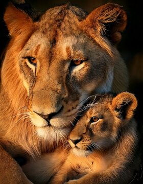 Una leona acaricia tiernamente a su cachorro; su v&iacute;nculo de amor y fuerza se hace evidente en el primer plano.