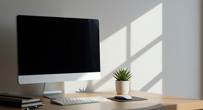 Modern Minimalist Workspace: Sunlight Illuminates a Desk with iMac, Keyboard, Mouse, and Succulent - Powered by Adobe