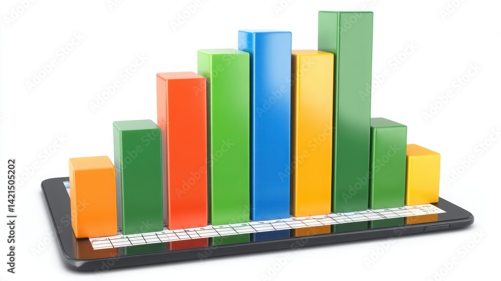 Poster computer displaying a bar chart on screen with 3d projection for mobile report concept and business 