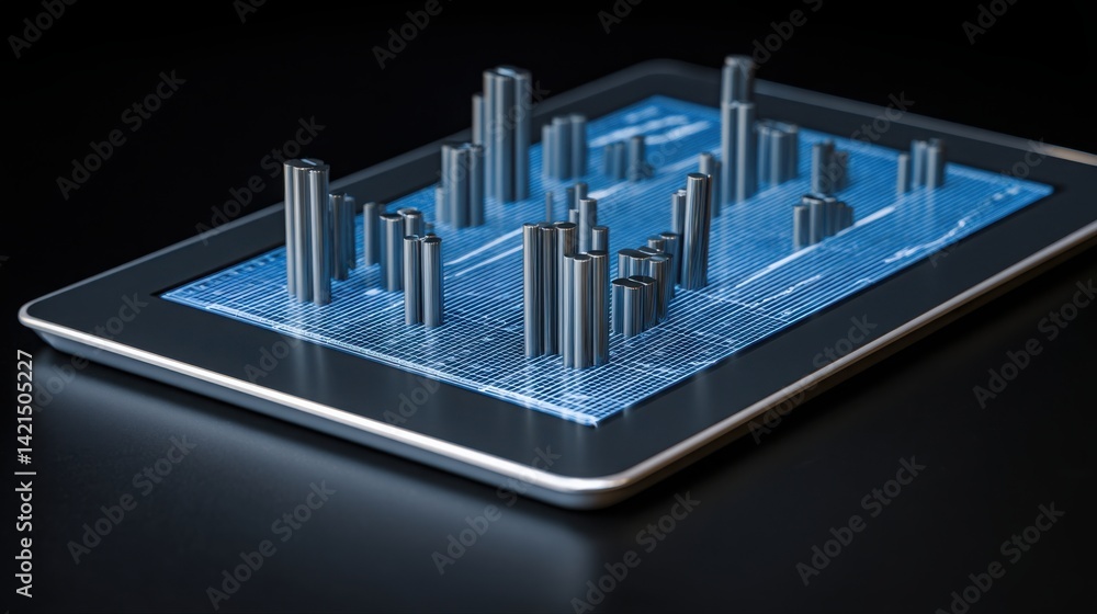 Poster mobile phone surrounded by various screws with a 3d bar chart projecting from a tablet concept for r
