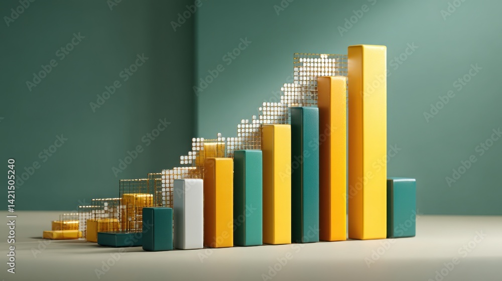 Poster a 3d bar chart rising from a chip symbolizing ai-powered metrics and advanced analytical insights fo
