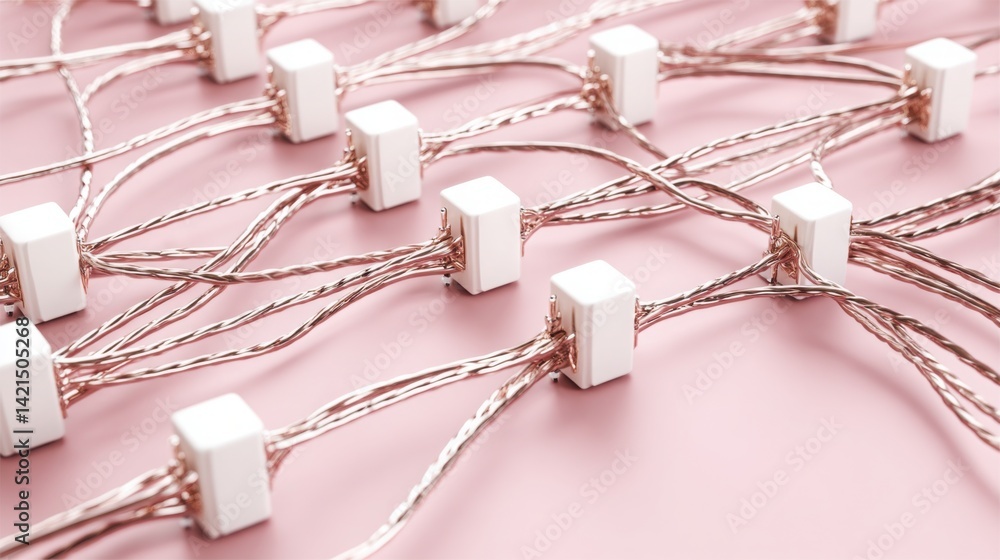 Poster bundle of white electrical wires connected to a 3d block representing modular app building concept f