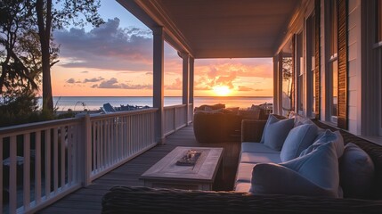 Stunning ocean sunset view from cozy porch with comfortable seating sky calm home warm beach house