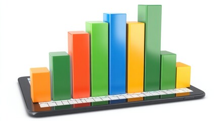 Computer displaying a bar chart on screen with 3d projection for mobile report concept and business analytics