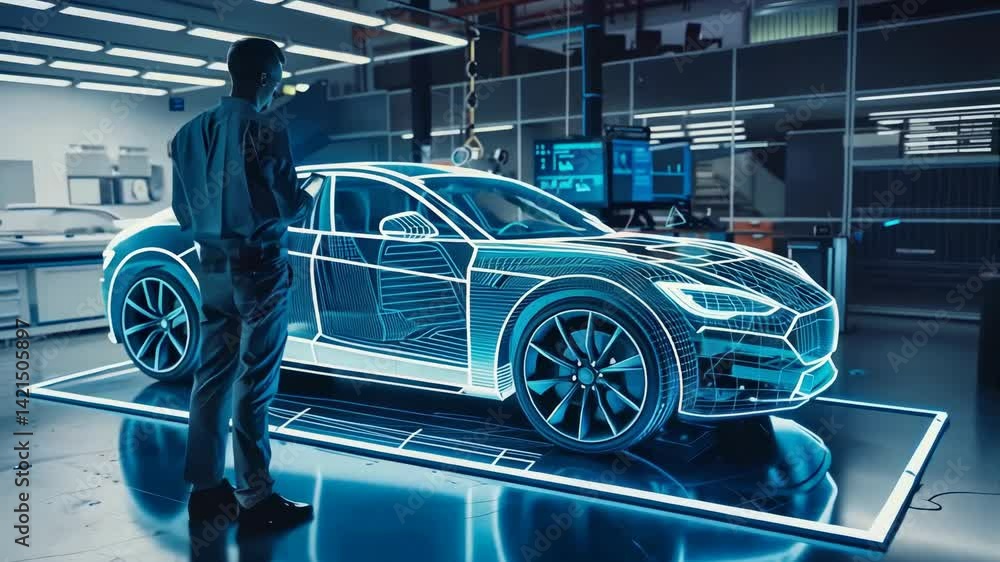Poster in a modern automotive facility, an engineer reviews a car design blueprint on a tablet. a digital o