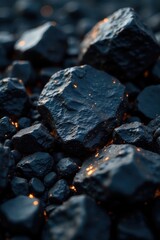 Gleaming black coal surface, intense dark color , power, fuel, shiny