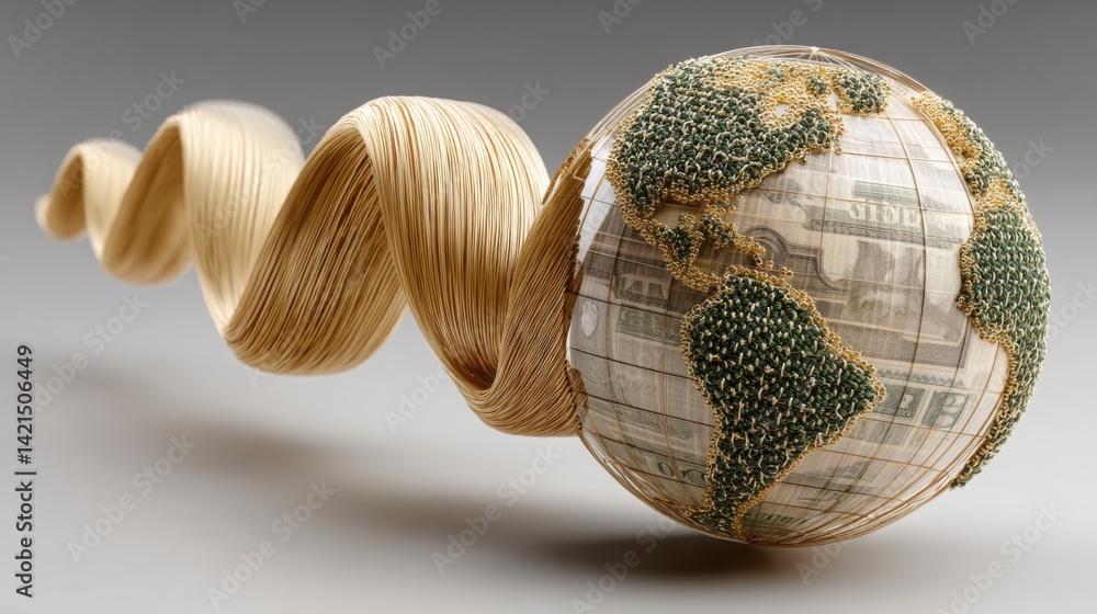 Poster a globe featuring a map depicting the interconnectedness of global trade and economic flow in a uniq