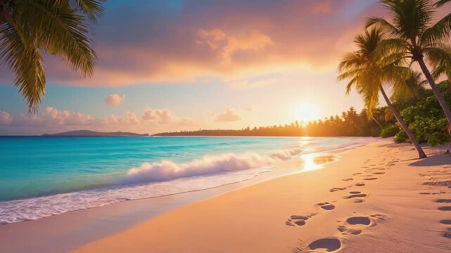 Tropical beach sunset with palm trees and footprints.