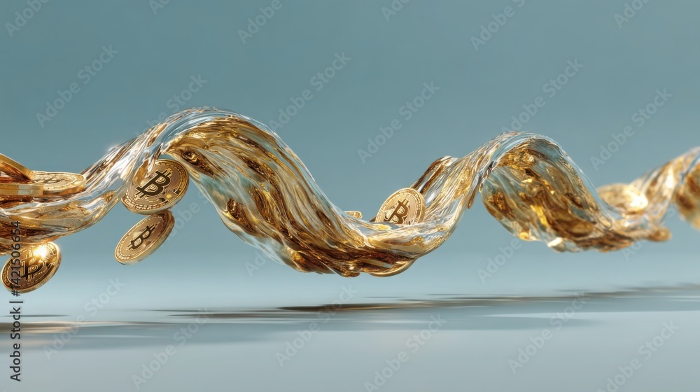 Poster abstract gold wave representing currency flow with bitcoin elements creating a dynamic financial vis