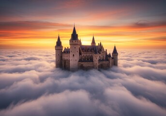 Obraz premium Majestic castle perched amidst a sea of clouds under a vibrant sunset sky