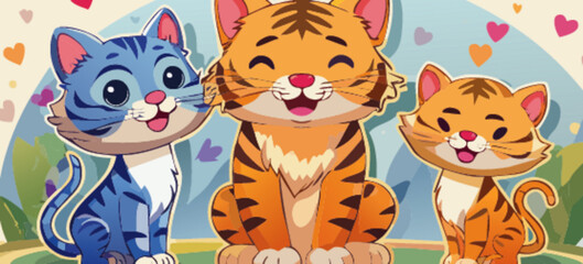 Naklejka premium Hoja de pegatinas vectoriales con varias ilustraciones de tigres y gatos en colores pastel, adorables animales 