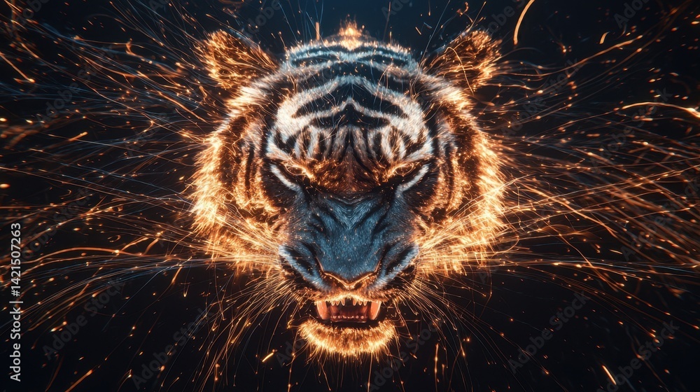 Poster striking tiger head illuminated by sparks in a dynamic, fiery display