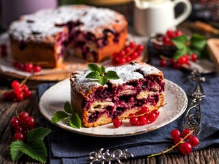 baked black currant cake and powdered with icing sugar, close up