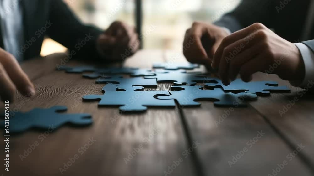 Poster a metaphorical representation of hiring and teamwork, where puzzle pieces of different shades create