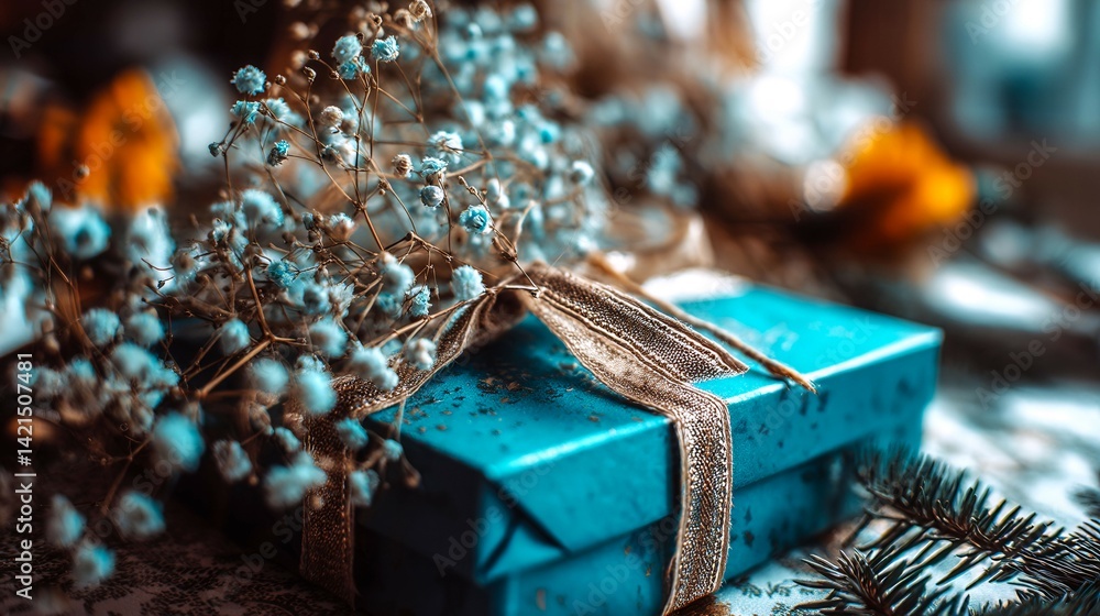 Poster a blue box with a gold ribbon sits on a table with flowers and a tree branch. the box is wrapped in 