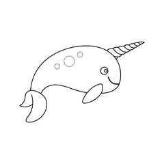 Cute cartoon narwhal with baloon pattern outline for coloring book or educational materials © SandhaRani