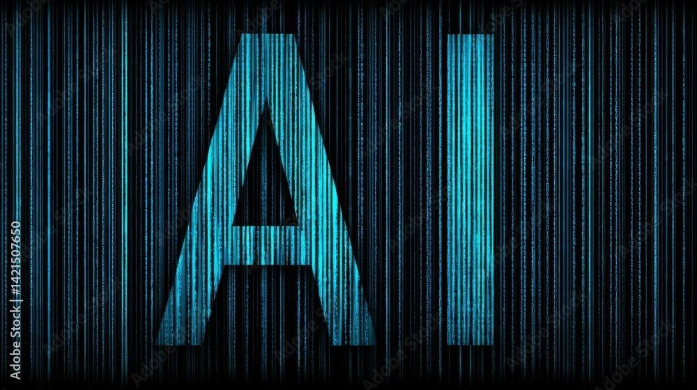Poster striking visual of a letter on a black background representing ai icon formation from matrix code an
