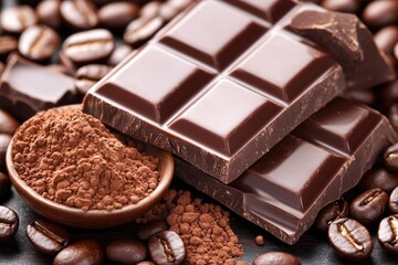 Dark chocolate with coffee beans and cocoa powder