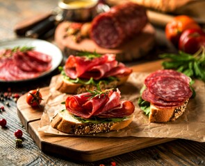sandwiches with smoked sausage salami and jamon on a wooden kitchen board
