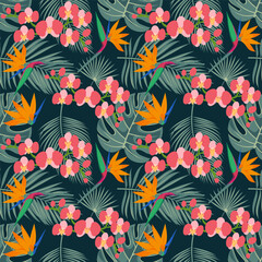 Colorful Floral Pattern with Leaves, Cute Small Flowers on Seamless Background