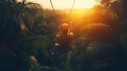 a man on zip line in the tropical jungle