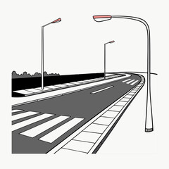 Road lampposts with advertisement graphic black white city landscape sketch illustration vector RoadsAndStreetsTemplate 